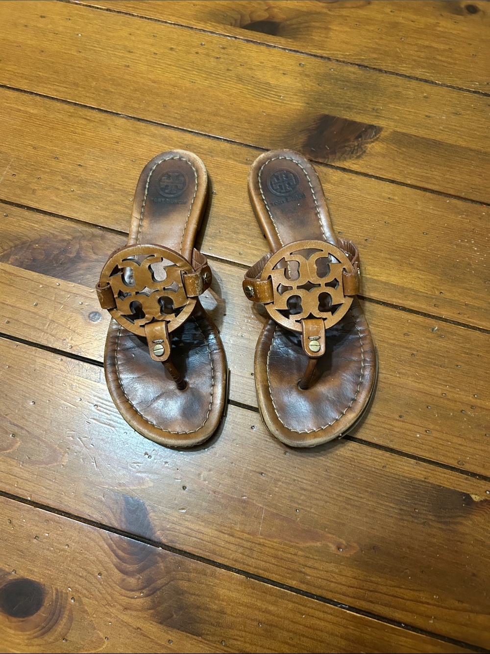 Tory Burch Tan Leather Miller Thong Sandals with Logo Medallion